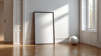 Aufkleber - A black-framed poster leans against a white wall in a bright room. A classic soccer ball rests on a glossy wooden floor, creating a simple, inviting atmosphere
