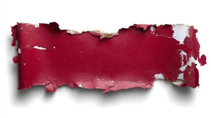 Poster - Irregular red paper label features torn edges and curled corners, displayed on a plain white backdrop, showcasing its unique texture and color contrasts