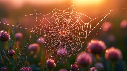 A close-up of a dew-covered spiderweb stretched between blades of grass in the early morning light A delicate trap and a marvel of natural architecture