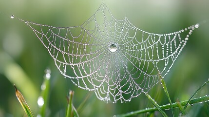 A close-up of a dew-covered spiderweb stretched between blades of grass, with tiny water droplets clinging to the delicate threads like miniature jewels
