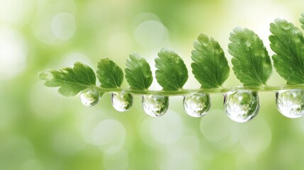 Poster - Dew drops cling to fresh fern fronds, capturing nature's tranquility and beauty in a serene forest landscape during early morning light