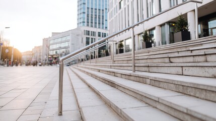 Poster - Minimalist stone staircase featuring sleek metal railings is illuminated by warm sunset light, showcasing modern architectural elegance in an urban environment