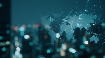 Aufkleber - A glowing world map features interconnected digital nodes, creating a vibrant and futuristic ambiance, set against a dark cityscape illuminated by soft bokeh