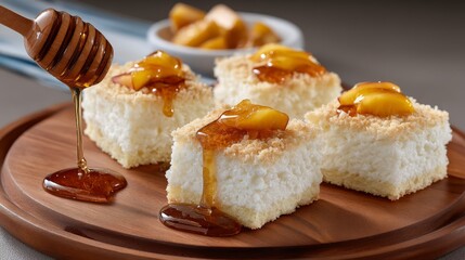 Poster - Juicy peach slices are elegantly placed on a rustic shortcake, drizzled with honey, served on a wooden board for a tempting dessert treat