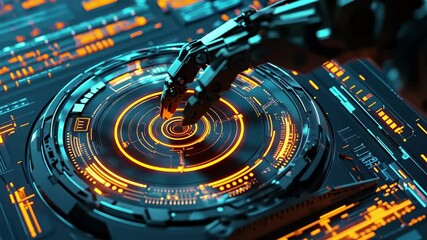 Poster - Robotic arm manipulating a turntable on a holographic screen in a futuristic setting, Robotic arm turntable on Holographic screen virtual hud elements, Futuristic User Interface