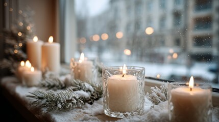 Poster - A cozy windowsill features a blank greeting card next to glowing candles and lush pine branches, while gentle snow softly blankets the world outside