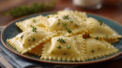 Poster - Mushroom ravioli is plated in a rustic ceramic dish, draped in creamy herb sauce and adorned with fresh thyme, showcasing a warm, inviting culinary experience