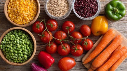 Aufkleber - A colorful arrangement of fresh vegetables, grains, and herbs is displayed on a wooden surface, illuminated by soft daylight, highlighting their vibrant textures