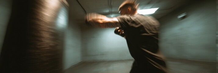 Poster - Impact From a Powerful Punch on a Heavy Bag in a Dimly Lit Training Room With Visible Arm Movement