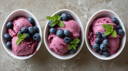 Aufkleber - Three bowls of creamy blueberry ice cream, garnished with fresh berries and mint, are arranged in a triangle on a white stone surface