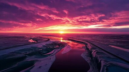 Poster - Vibrant sunset over winding river and road amidst a serene landscape, An aerial view above the road during sunset