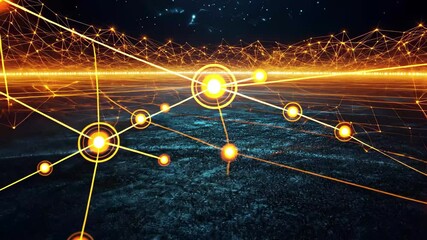 Poster - Glowing network of connections illuminating a sports field at night, glowing network of connections over sports field on black background
