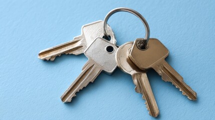 Aufkleber - Close-up view of a silver house key on a ring, featuring a blank keychain tag against a clean blue backdrop, ideal for branding or promotional purposes