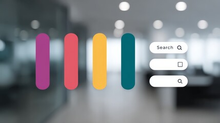 Aufkleber - Colorful graphs and a search bar hover over a blurred office environment, illustrating concepts of performance analytics in a modern workspace