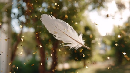 Poster - A delicate white feather with golden glitter glides through the sunlit air, surrounded by shimmering sparkles in a gentle outdoor setting