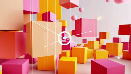 Fototapete - Data blocks flowing dynamically across a network with vibrant colors and suspended particles, 3D depicting data blocks flowing on a network