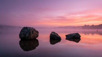 Aufkleber - Large stones rise from a tranquil lake during sunrise, reflecting soft light on the water surface while mist envelops the distant landscape
