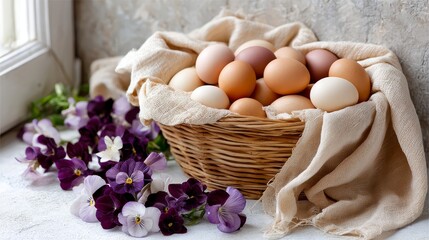 Aufkleber - Pastel-dyed eggs rest in a woven basket, accompanied by vibrant purple blooms, illuminated by soft daylight from a nearby window, creating a serene ambiance