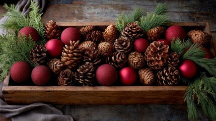 Poster - Bright and inviting arrangement showcases pinecones, red ornaments, and lush evergreen sprigs beautifully arranged on a wooden surface, enhanced by soft seasonal light