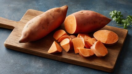 Poster - Whole sweet potato alongside sliced pieces are arranged on a wooden cutting board, highlighting their vibrant color and texture ideal for culinary presentations