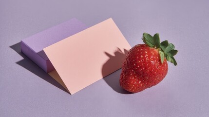Poster - Fresh strawberry sits next to a pale pink frame on a soft pastel background, perfect for promotional materials or creative designs with ample text space