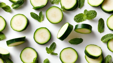 Poster - Fresh zucchini slices and vibrant mint sprigs are arranged on a light background, showcasing a healthy presentation perfect for recipes and stock