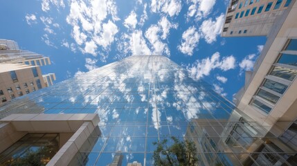 Poster - This upward view reveals a modern building with a reflective glass facade capturing a stunning cloudscape. Clean lines and geometric shapes enhance the urban landscape