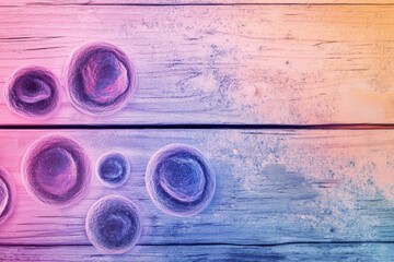 Fototapete - Microscopic view of cells, displaying intricate details on a vibrant wooden surface with pastel purple, pink and blue shades.