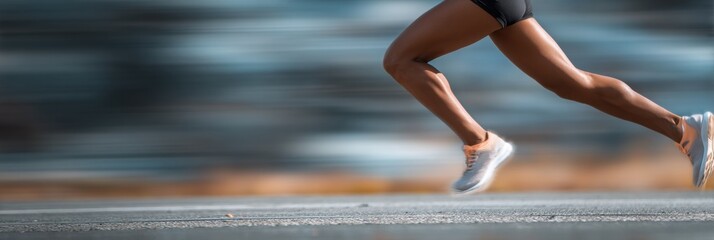 Poster - Dynamic Runner in Mid-Stride Showcasing Powerful Legs With Definition on a Blurred Background During an Active Outdoor Training Session