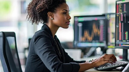 Poster - Financial data processing by a biracial businesswoman in a modern workplace, financial data processing over biracial businesswoman in office