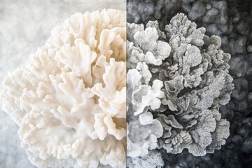 Fototapete - Split image of coral: one side is warm, light and vibrant, the other is cold, dark, and monochrome.