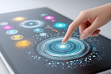 Aufkleber - A futuristic touch interface showing a holographic selection panel with multiple glowing options floating in the air