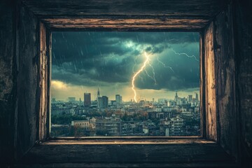 Wall Mural - Cityscape seen through rustic window with rain and a bright lightning strike illuminating the urban landscape.