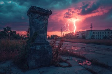 Wall Mural - Dramatic scene featuring an old stone structure juxtaposed against a vibrant lightning storm at twilight, evoking a sense of ruin and power.