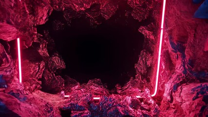 Poster - Vibrant abstract cycled background featuring red and blue neon elements with a textured rock frame, ing 3d Abstract cycled background with red blue neon frame
