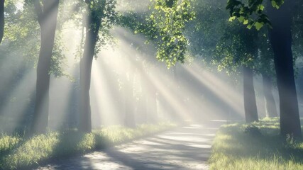 Poster - Volumetric light rays illuminate a foggy forest path surrounded by lush trees at dawn, 4k of light with fog Volumetric light, rays of light, glare, sun