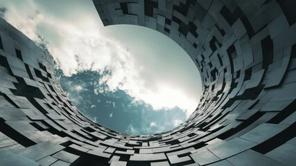 Poster - Data processing concept illustrated through a circular structure with clouds in the sky, data processing over sky with clouds
