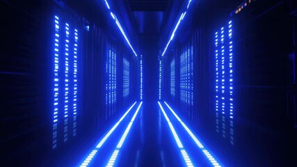 Poster - Vivid blue lights create an immersive tunnel effect in a futuristic space environment, 3D rendered vertical of blue lights through space