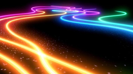Poster - Neon trails swirl gracefully over sparkling light spots on a dark backdrop, neon trails over light spots on black background