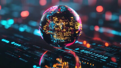 Poster - Spinning globe over computing circuit board with illuminated binary code reflecting a digital world, spinning globe over computing board and binary coding