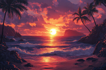 Wall Mural - stunning sunset over ocean with vibrant colors reflecting on water, surrounded by palm trees and rocky shores, creating serene and picturesque tropical scene