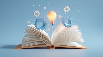 Poster - Floating open book with lightbulb and gear icons, knowledge and innovation vector