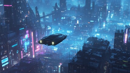 Poster - Futuristic cityscape with flying cars and neon lights, 3D render, cyberpunk aesthetic