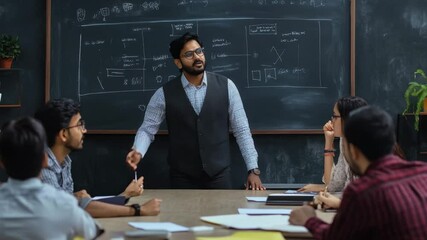 Poster - serious indian worker engages with colleagues during a meeting in a collaborative workspace, serious