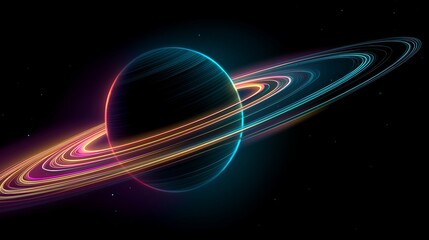 Poster - Levitation of abstract planet with orbiting rings and neon trails, cosmic vector minimalism