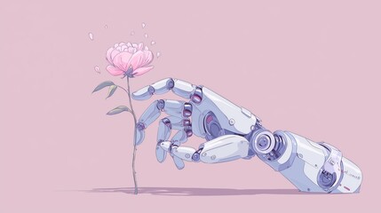 Poster - Levitation of robotic hand holding a flower, minimal vector illustration, human-robot interaction theme