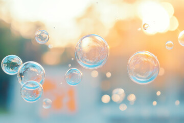 Wall Mural - bubbles float gracefully in soft, warm light, creating serene and dreamy atmosphere. delicate colors