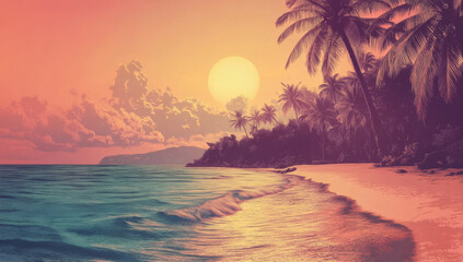 Wall Mural - serene beach scene featuring palm trees, gentle waves, and vibrant sunset creates tranquil atmosphere. warm colors evoke feelings of relaxation and peace