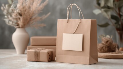 Leinwandbilder - Elegant Paper Bag Gift Packaging Mockup With Blank Tag for Personalized Messages in a Serene Indoor Setting