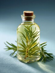 Poster - Light Oil Bottle Containing Fresh Rosemary Sprigs on Clean Backdrop Perfect for Culinary or Decorative Use